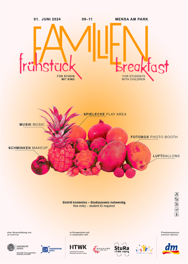 Plakat Familienfrühstück. Das Plakat ist in einem orange/pink-Farbton gestaltet. Abgebildet sind verschieden Früchte wie Ananas, Mango, Banane und Apfel. 