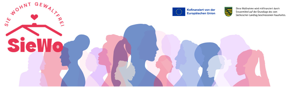 SieWo- Sie wohnt gewaltfrei Logo des Projekts sowie Silhuetten von Frauenfiguren