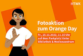 Grafik mit Frau vor orangem Hintergrund und Schriftzug "Fotoaktion"