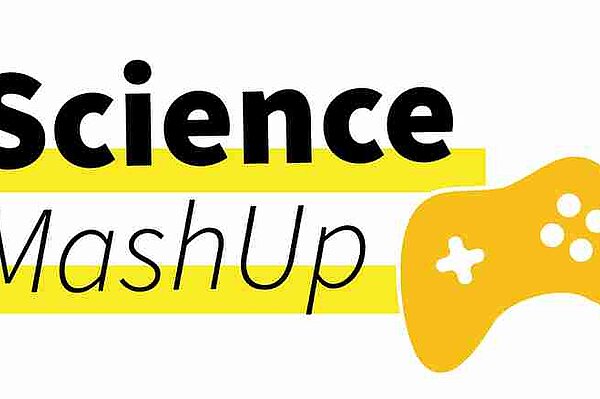 Das Veranstaltungsformat Science MashUp 2021 der HTWK Leipzig Logo des Science MashUp, Schriftzug und Spielecontroller in gelb