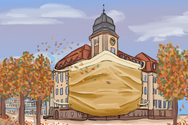 farbige Illustration: Hochschulgebäude mit Mundschutz in Herbstfarben