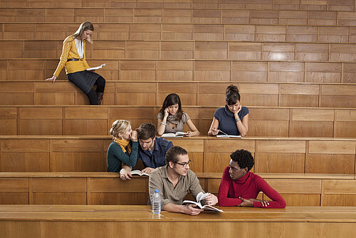 Studierende im Hörsaal (c) westend61 Sieben Studierende sitzen im Hörsaal und unterhalten sich